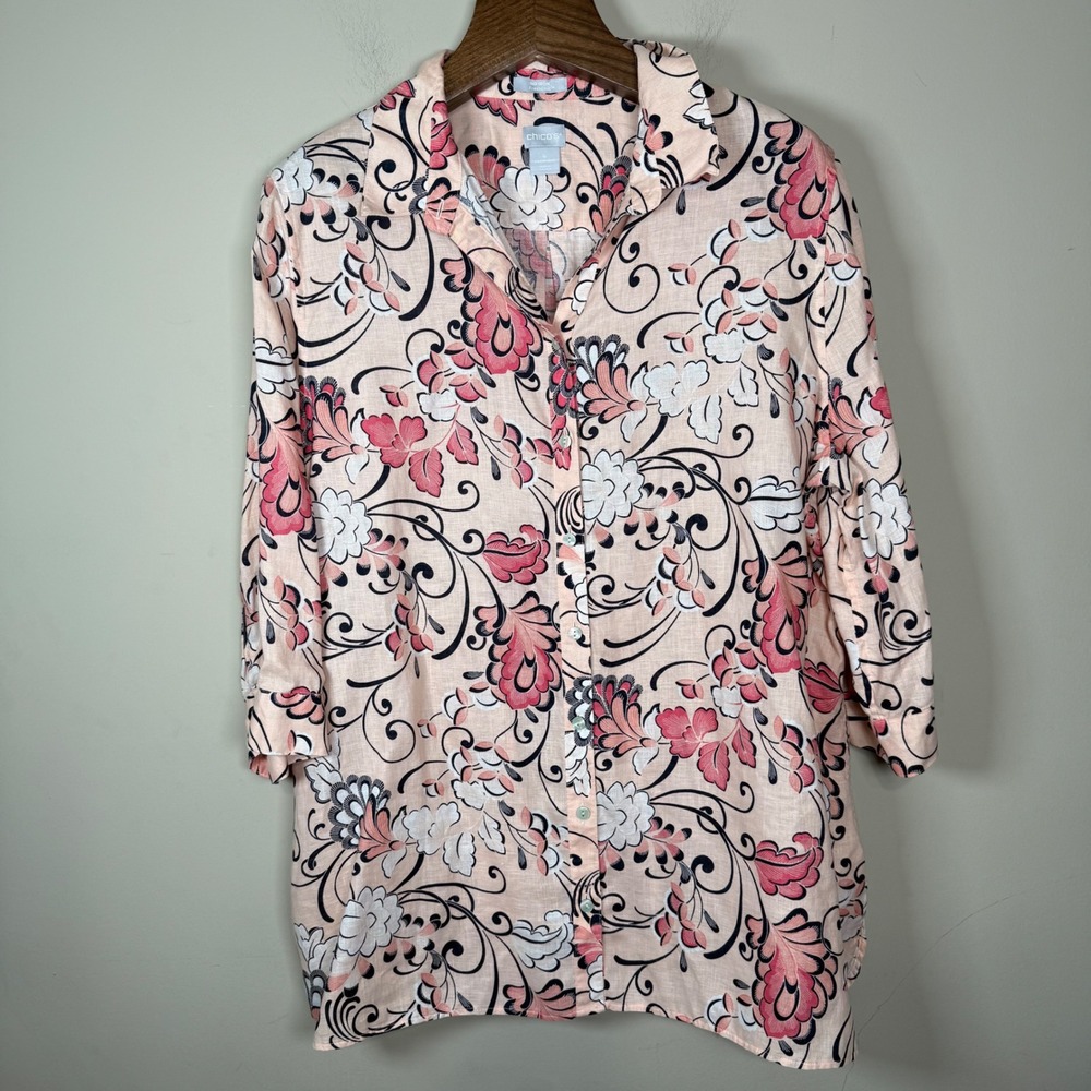 Chico's Fresh Chic No Iron 100% Linen Floral Button Down Blouse Size 4 (XXL)